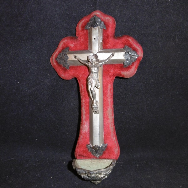 Antique French crucifix, Benetier, holy water font in deep red velvet. Napoleon III, Victorian decor