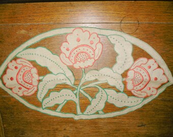 Very pretty hand made antique French table centre. Unbleached metis and silk embroidery. 25" x 14"