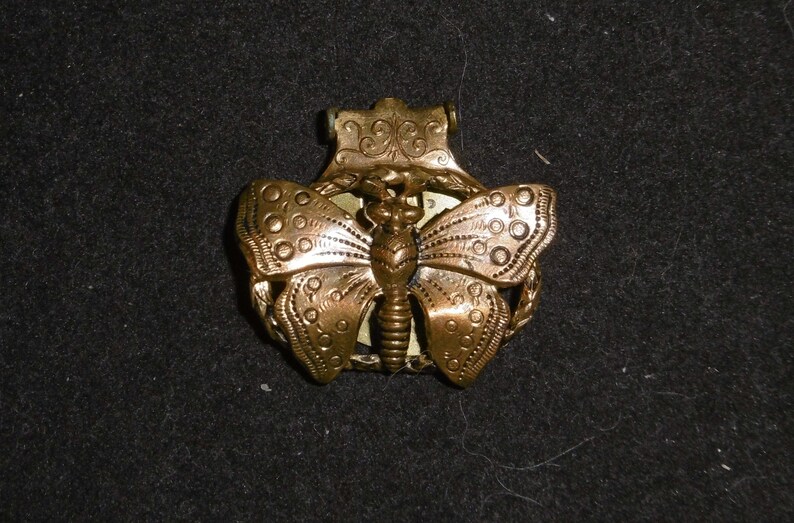 May include: A gold-toned metal butterfly brooch with intricate details. The butterfly has a detailed body and wings with a textured surface.