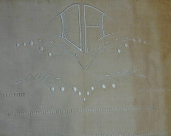 Exquisite heavily embroidered unused antique French dowry sheet. Unbleached metis linen. DA