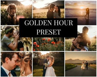 May include: A collage of images showcasing the golden hour, featuring couples, a dog, and a field of red poppies. The text "Golden Hour Preset" is displayed in the center of the collage.