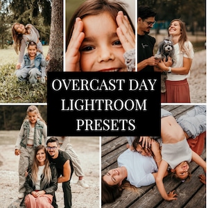 Pode incluir: Uma colagem de fotos que mostram famílias e crianças em diferentes cenários. As fotos são editadas com um estilo claro e arejado, o que lhes confere uma atmosfera quente e acolhedora. O texto "Overcast Day Lightroom Presets" é exibido em uma caixa preta.