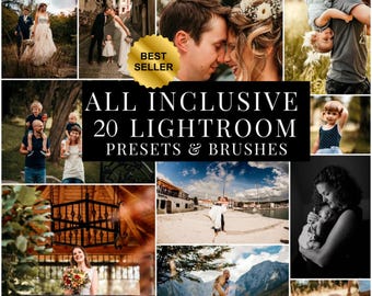 May include: A digital collection of 20 Lightroom presets and brushes featuring a gold Best Seller badge. The promotional graphic displays various lifestyle and wedding photographs including couples, families, and children in outdoor settings.