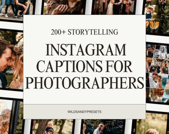 Peut inclure: Un graphique carré avec le texte "200+ Storytelling Instagram Captions for Photographers" en gras, en noir. L'arrière-plan est un collage de photographies, notamment des portraits de famille et des scènes de mariage. Le site Web "Wildsandypresets" est également affiché.