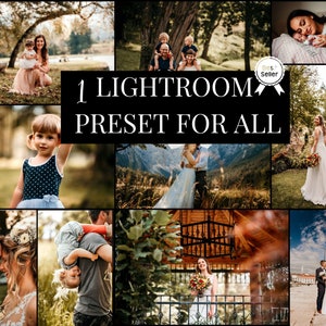 May include: A collage of images showcasing a Lightroom preset for photographers. The preset is designed to enhance photos with a warm, natural look. The images feature a variety of subjects, including families, couples, and children. The preset is labeled "1 Lightroom Preset for All".