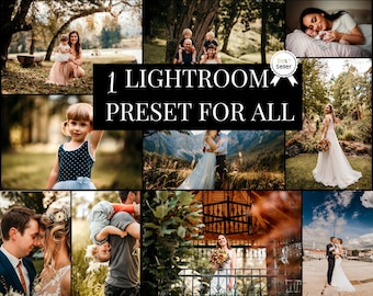 May include: A collage of images showcasing a Lightroom preset for photographers. The preset is designed to enhance photos with a warm, natural look. The images feature a variety of subjects, including families, couples, and children. The preset is labeled "1 Lightroom Preset for All".