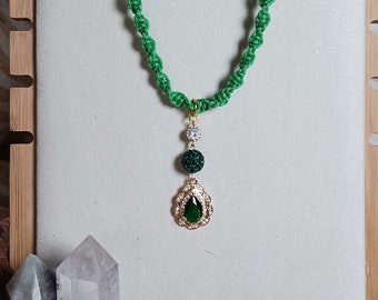 Emerald Green Hemp Necklace with Hanging Teardrop Pendant, Light Gold Accents