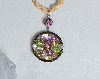 Glitzy Shimmer Crescent Moon Circle Wooden Pendant Necklace with Soft Yellow & Peach blend Hemp.