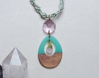 Teal Resin Teardrop Necklace, Rose Quartz Charm, Hemp Cord