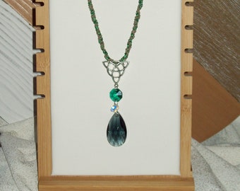 Celtic Emerald Green Shimmer Hemp Necklace, Smokey Crystal Pendant