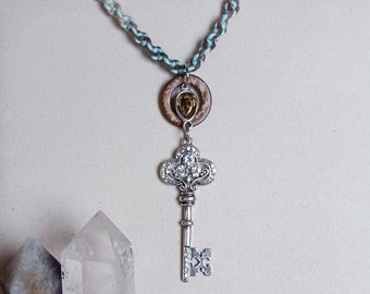 Silver Rhinestone Key Pendant Light Icy Blue Hemp Necklace