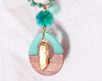 Green Hemp Boho Necklace, Teardrop Resin Pendant, Iridescent Stone