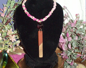 Boho Chic Hemp Choker, Coral Resin Pendant, Copper Threading