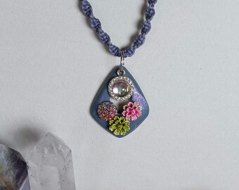 Periwinkle Gray Hemp Diamond Shape Floral Pendant Necklace