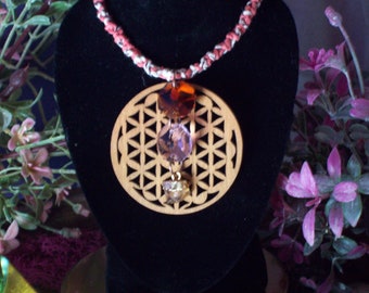 Boho Hemp Necklace, Wooden Pendant, Raw Citrine Charm