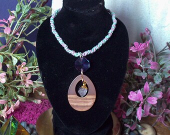 Pastel Hemp Necklace, Raw Quartz Crystal, Teardrop Pendant