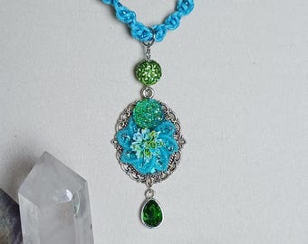 Handcrafted Turquoise Hemp Necklace, Ornate Silver Peony Pendant