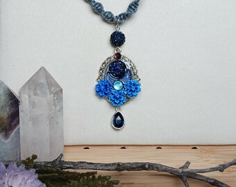Dusty Blue Toned Hemp necklace with Handcrafted Ornate Pendant