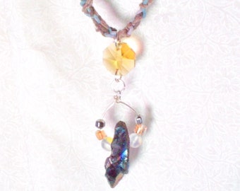 Boho Hemp Necklace, Peacock Ore Pendant, Iridescent Crystal Bead