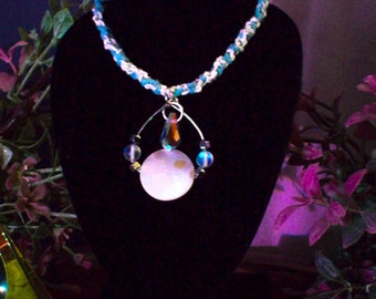 Boho Hemp Necklace, Mother of Pearl Pendant, Iridescent Beadwork