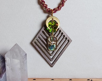 Hemp Necklace with Diamond Wood Pendant, Abalone Evil Eye Charm