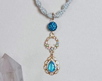 Light Gray Hemp necklace with dainty teardrop turquoise blue crystal rhinestone pendant