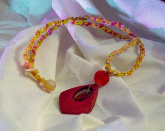 Boho Hemp Necklace, Red Wooden Pendant, Macrame Jewelry