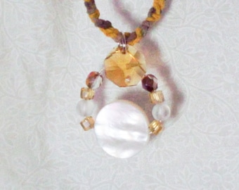 Golden Yellow Hemp Necklace, Mother of Pearl Pendant, Boho Hippie Jewelry