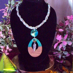Light Teal Blue Hemp Necklace, Boho Chic Necklace, Hemp Necklace with Pendant, Colorful Hemp, Macrame Necklace, Feather Charm