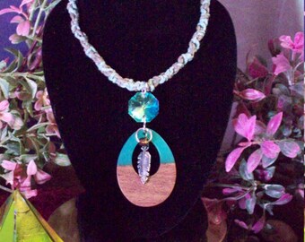 Teal Blue Resin Hemp Necklace, Feather Charm, Boho Chic