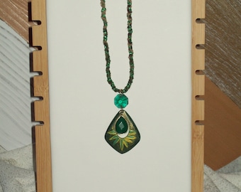 Boho Emerald Shimmer Hemp Necklace, Painted Wood Pendant