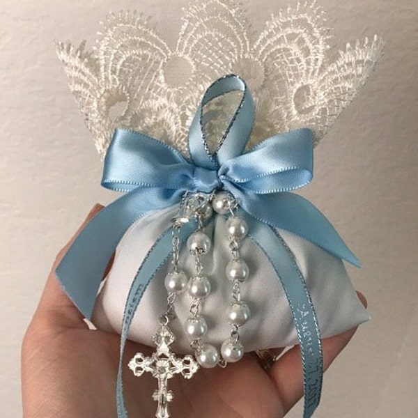 Favor bag Flowers Almond  favors Jordan almonds flowers Baptism Christening with Rosary Favors First Communion Bomboniere