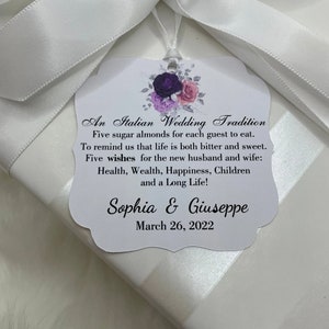 Una tradición italiana Etiquetas de favor de boda, poema de boda de almendras jordanas, cinco deseos para los novios, bomboniere de confeti italiano, etiqueta