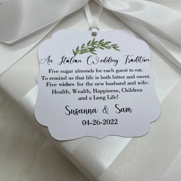 An Italian tradition Wedding favor tags, Jordan almonds wedding poem, five wishes for the bride and groom, confetti  bomboniere, tag, Olives