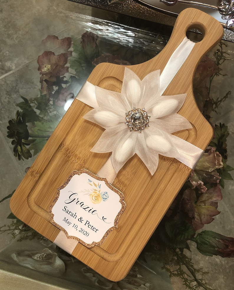 Bamboo Cutting Board with confetti flower and favor tag for Etsy