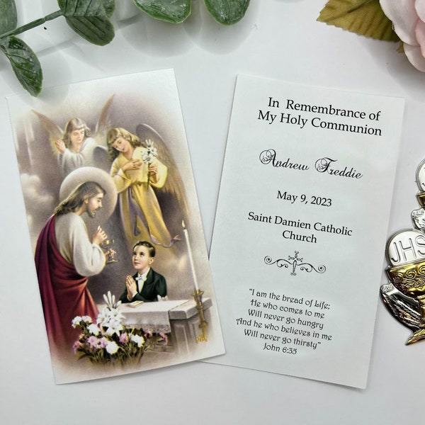 Personalisierte italienische Erinnerungskarten zur Erstkommunion, Kommunionjunge, LOT von 8 Karten