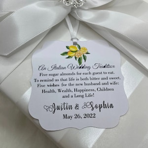 An Italian tradition Wedding favor tags, Jordan almonds wedding poem, five wishes for the bride and groom, confetti  bomboniere, tag, lemons