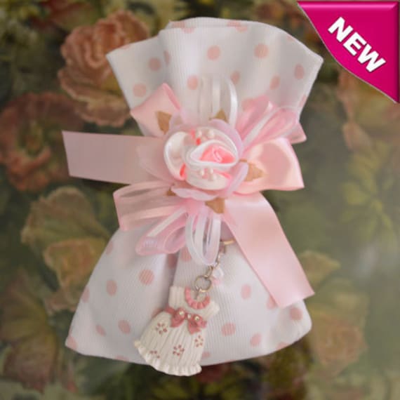 italian Bomboniere with sugared almonds 10 almond baptism christening favors White pouches with cross