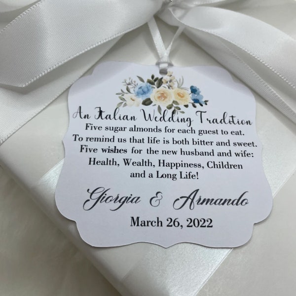 An Italian tradition Wedding favor tags, Jordan almonds wedding poem, five wishes for the bride and groom, Italian confetti  bomboniere, tag