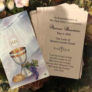 Conjunto de 8 cartões personalizados italianos de lembrança da primeira comunhão Cálice de comunhão
