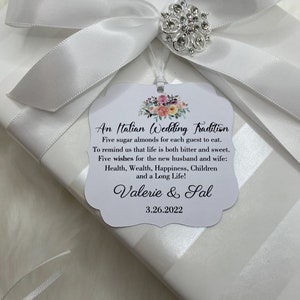 Una tradición italiana Etiquetas de favor de boda, poema de boda de almendras jordanas, cinco deseos para los novios, bomboniere de confeti italiano, etiqueta