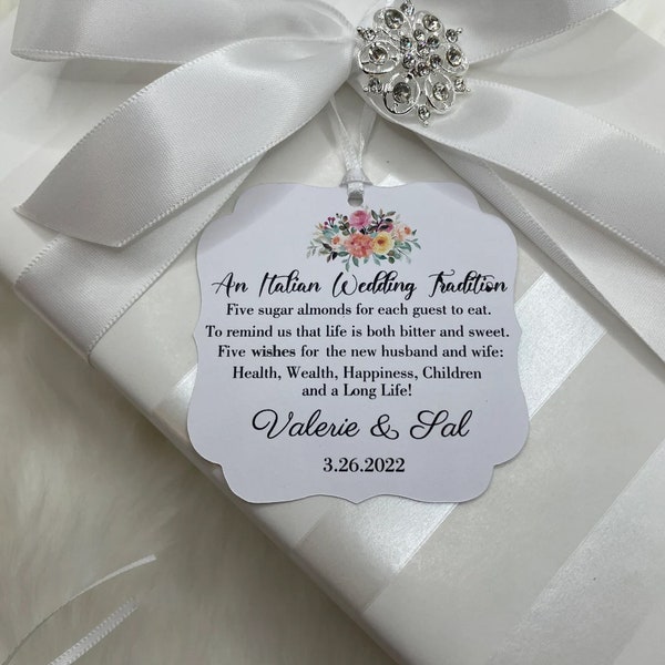 An Italian tradition Wedding favor tags, Jordan almonds wedding poem, five wishes for the bride and groom, Italian confetti  bomboniere, tag