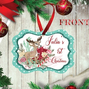 Personalized Christmas Ornament Keepsake, First Christmas Ornament, Custom Ornament, DEER Christmas tree decoration. Printed on Both Sides