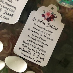 Italian Wedding favor tags, Jordan almonds wedding poem, five wishes for the bride and groom - SET of 18 TAGS