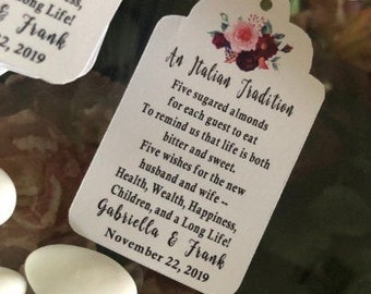 Italian Wedding favor tags, Jordan almonds wedding poem, five wishes for the bride and groom - SET of 18 TAGS