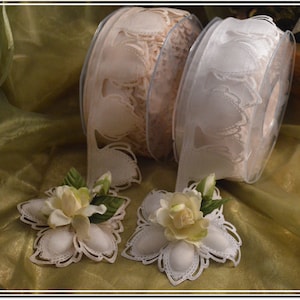 Könnte beinhalten: Zwei Spulen mit weißem und cremefarbenem Spitzenband mit einem zarten Blumenmuster. Das Band ist auf durchsichtigen Kunststoffspulen aufgerollt. Zwei weiße Spitzenblumen mit einem cremefarbenen Blütenzentrum sind ebenfalls abgebildet.