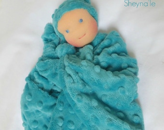 Waldorf First Doll, Lovey Blanket, Baby Shower Gift, Turquoise Minky, Soft Baby Dolls, 1st Birthday, for Baby Girl