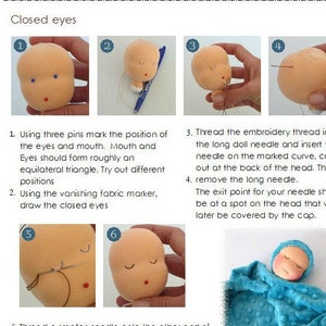 May include: A step-by-step guide on how to sew closed eyes on a doll. The guide shows how to mark the position of the eyes and mouth, thread a needle, and sew the eyes closed. The final image shows a finished doll with closed eyes.