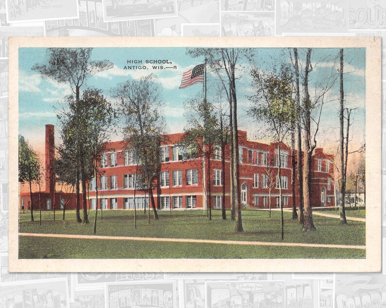 1920s WI hometown Antigo High School Wisconsin vintage postcard home state decor alumni gift