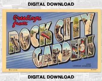 PRINTABLE Greetings from Rock City Gardens Tennessee Georgia vintage linen postcard | hometown art, digital download, large letter greetings